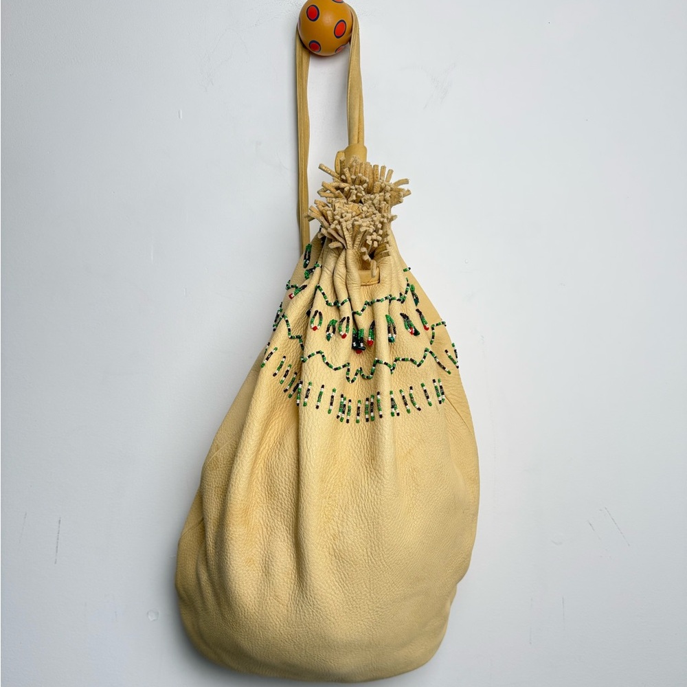 Very Rare Ralph Lauren Hand-Beaded Leather Drawstring Bag — Suede Interior